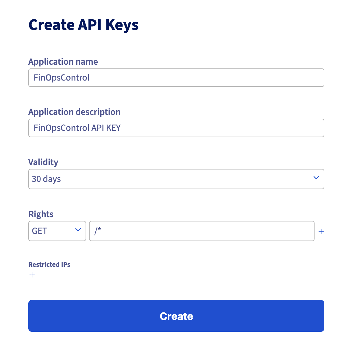 OVHcloud API token creation screen